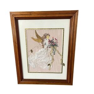 Karen Daggett Angel Silk Ribbon Embroidery Collage Art Pink Gold Framed 1997